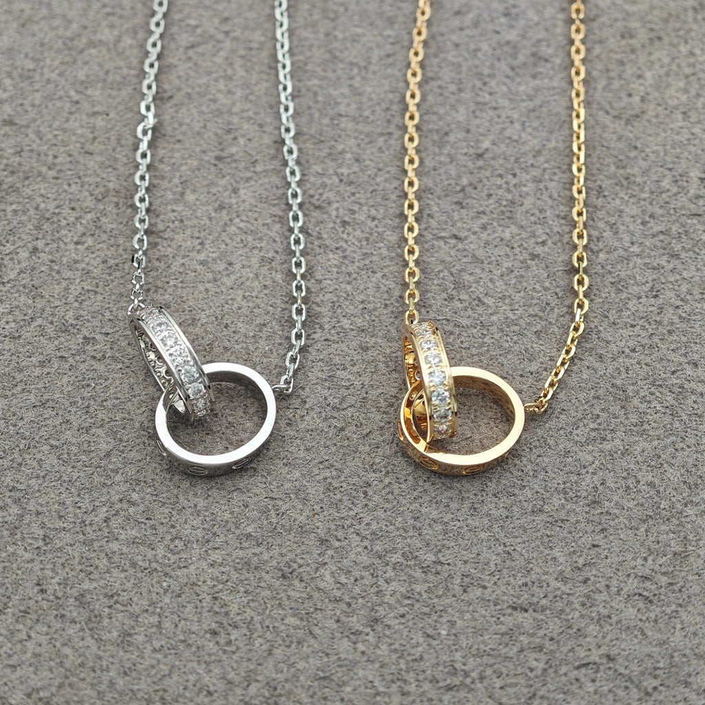 [Luxe Jewelry]LOVE DOUBLE RING HALF DIAMOND NECKLACE