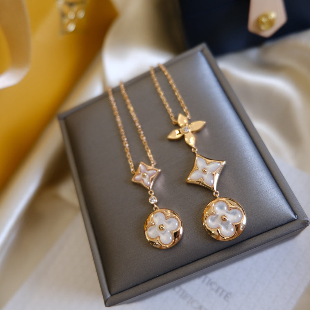 [Luxe] COLLIER LARIAT COLOR BLOSSOM OR ROSE NACRE BLANCHE ET DIAMANT