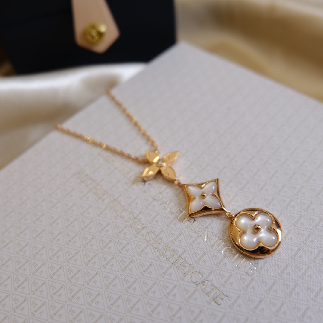 [Luxe] COLLIER LARIAT COLOR BLOSSOM OR ROSE NACRE BLANCHE ET DIAMANT
