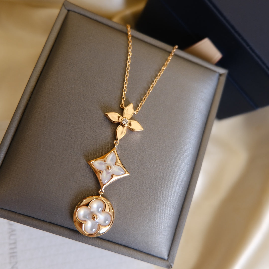 [Luxe] COLLIER LARIAT COLOR BLOSSOM OR ROSE NACRE BLANCHE ET DIAMANT