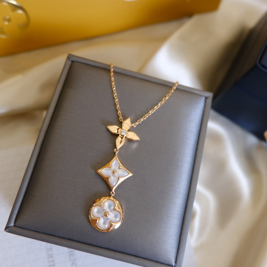[Luxe] COLLIER LARIAT COLOR BLOSSOM OR ROSE NACRE BLANCHE ET DIAMANT