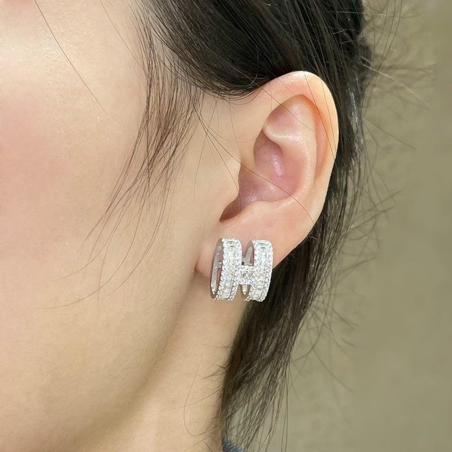 [Luxe]Boucles d'oreilles clous H avec diamants en argent