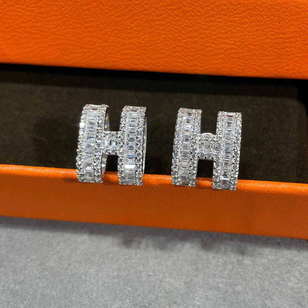 [Luxe]Boucles d'oreilles clous H avec diamants en argent