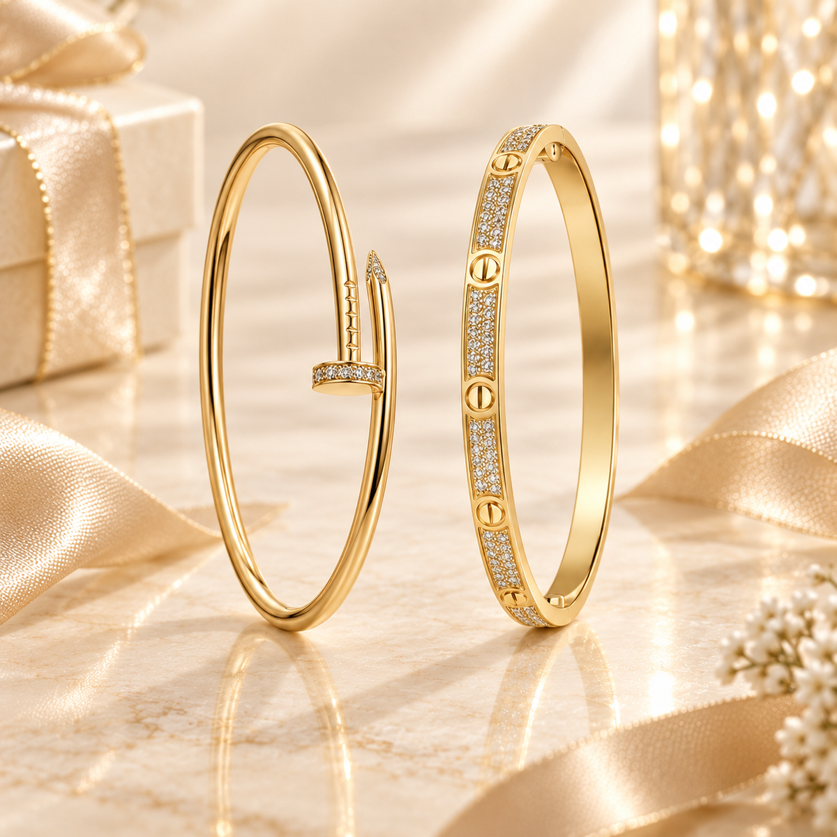 [LUXE] JUSTE Diamond & LOVE Diamond-Paved Bracelet Stack Set