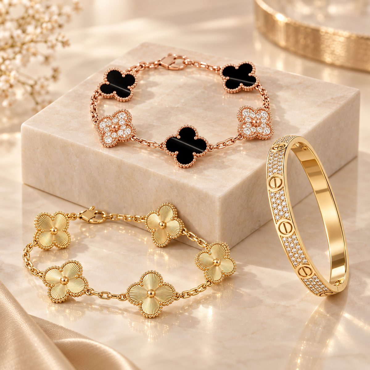 [LUXE]Clover Laser  Pulsar Stone 5-Motif & LOVE Diamond-Paved Bracelet Stack Set