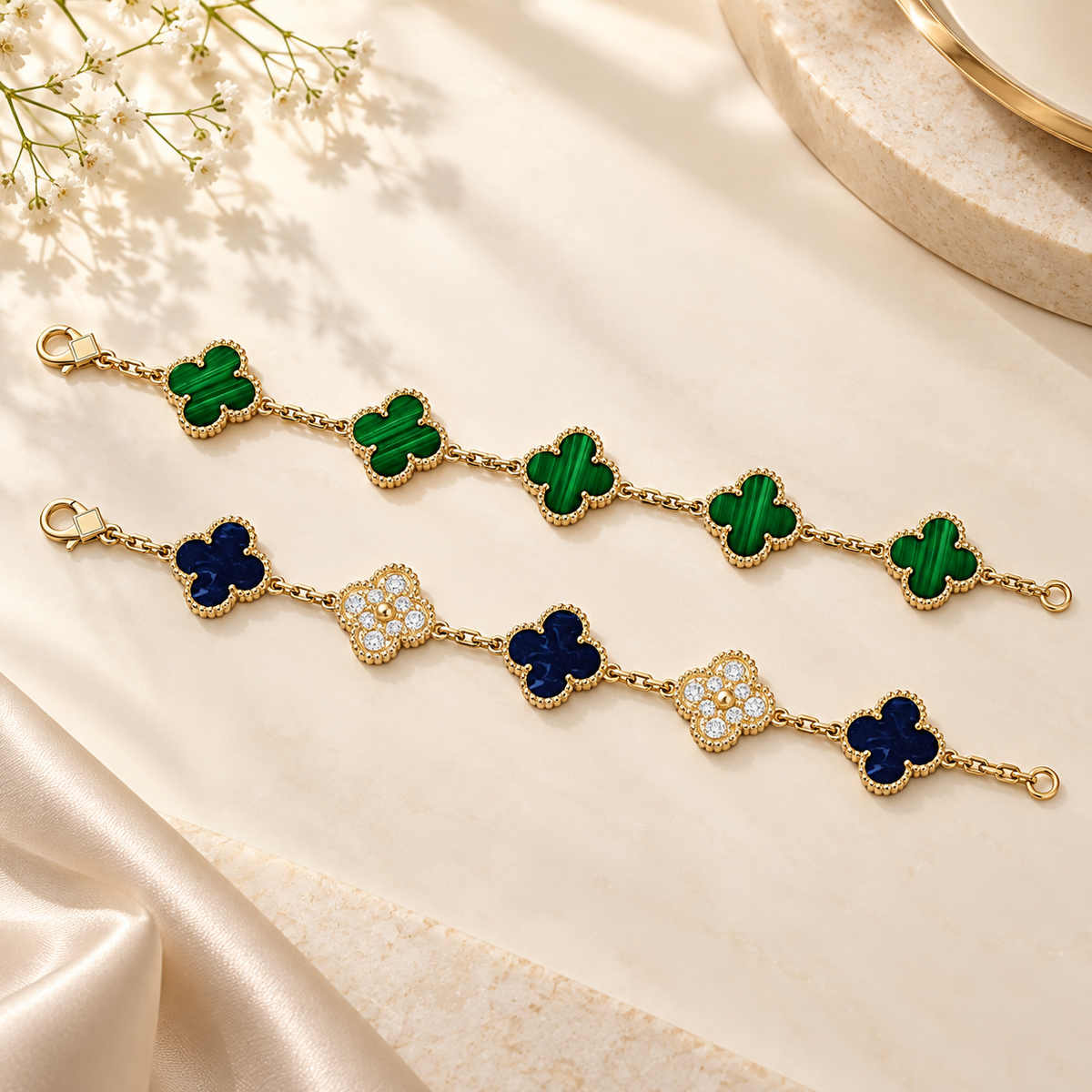 [LUXE]Clover 5-Motif Malachite & Pietersite Bracelet Stack Set