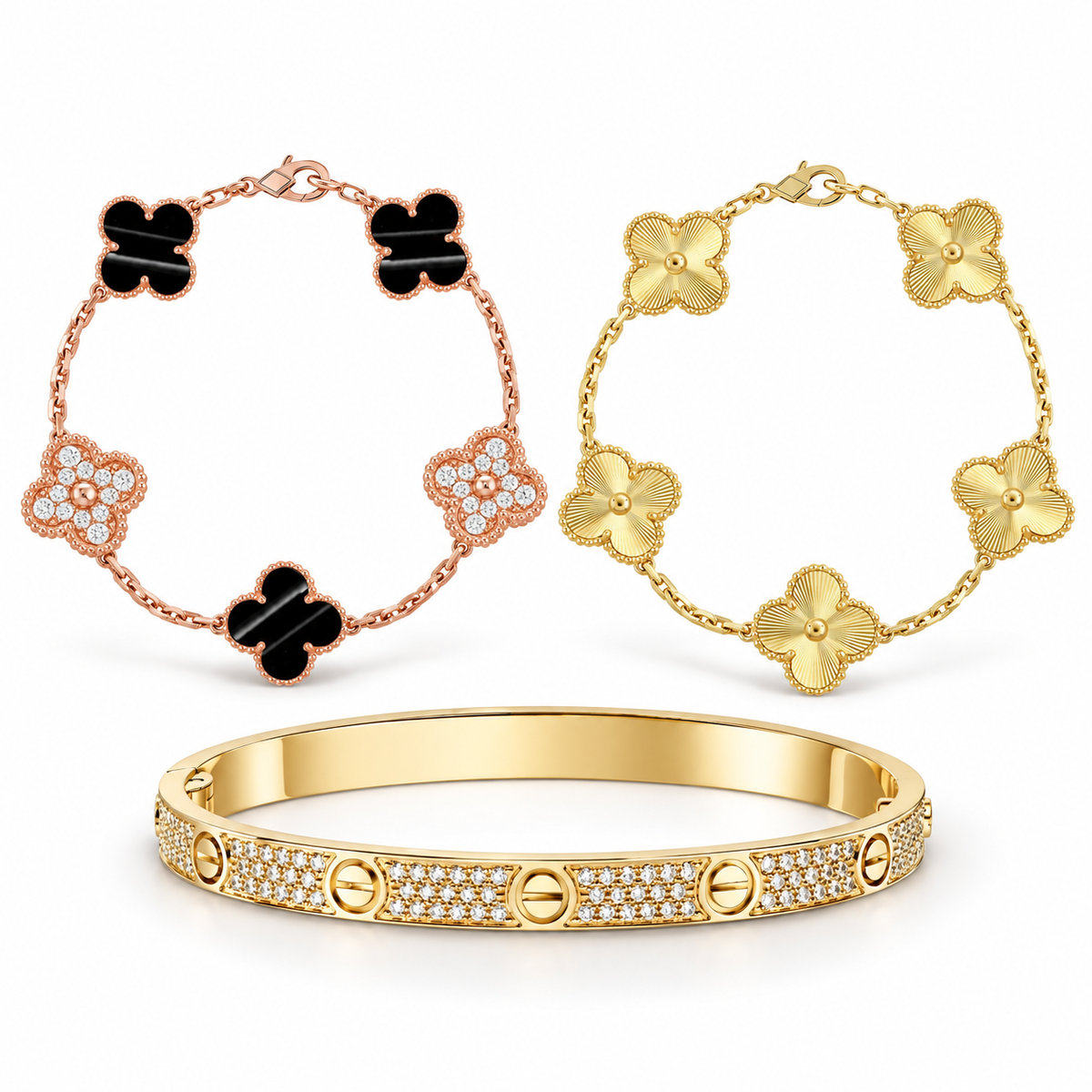 [LUXE]Clover Laser  Pulsar Stone 5-Motif & LOVE Diamond-Paved Bracelet Stack Set