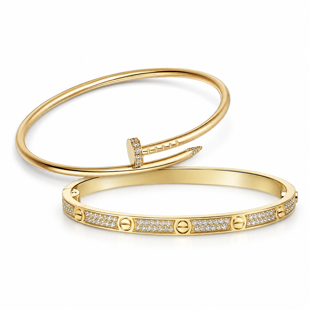 [LUXE] JUSTE Diamond & LOVE Diamond-Paved Bracelet Stack Set