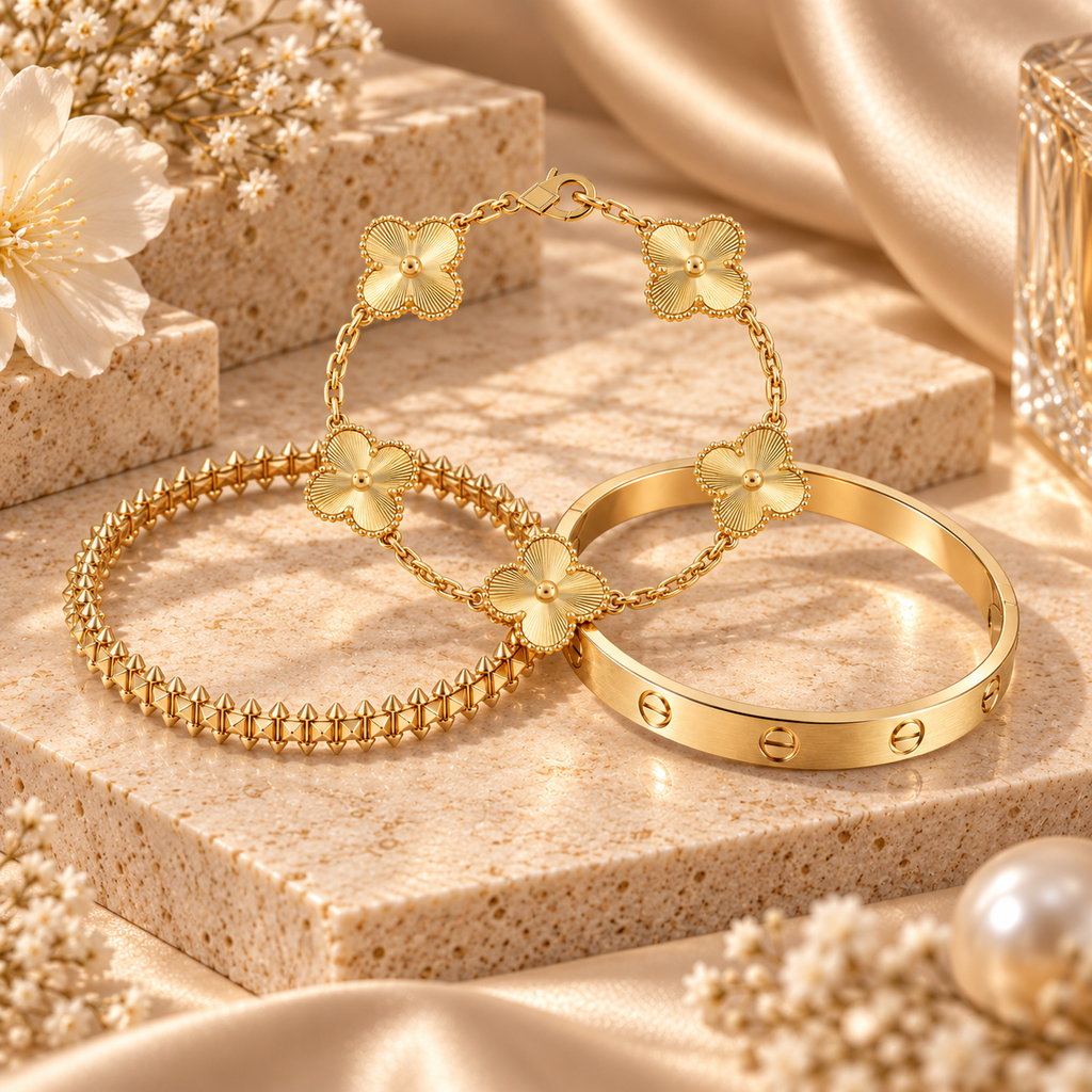 [LUXE] CLASH & Clover Laser 5-Motif & LOVE Brushed Bracelet Stack Set