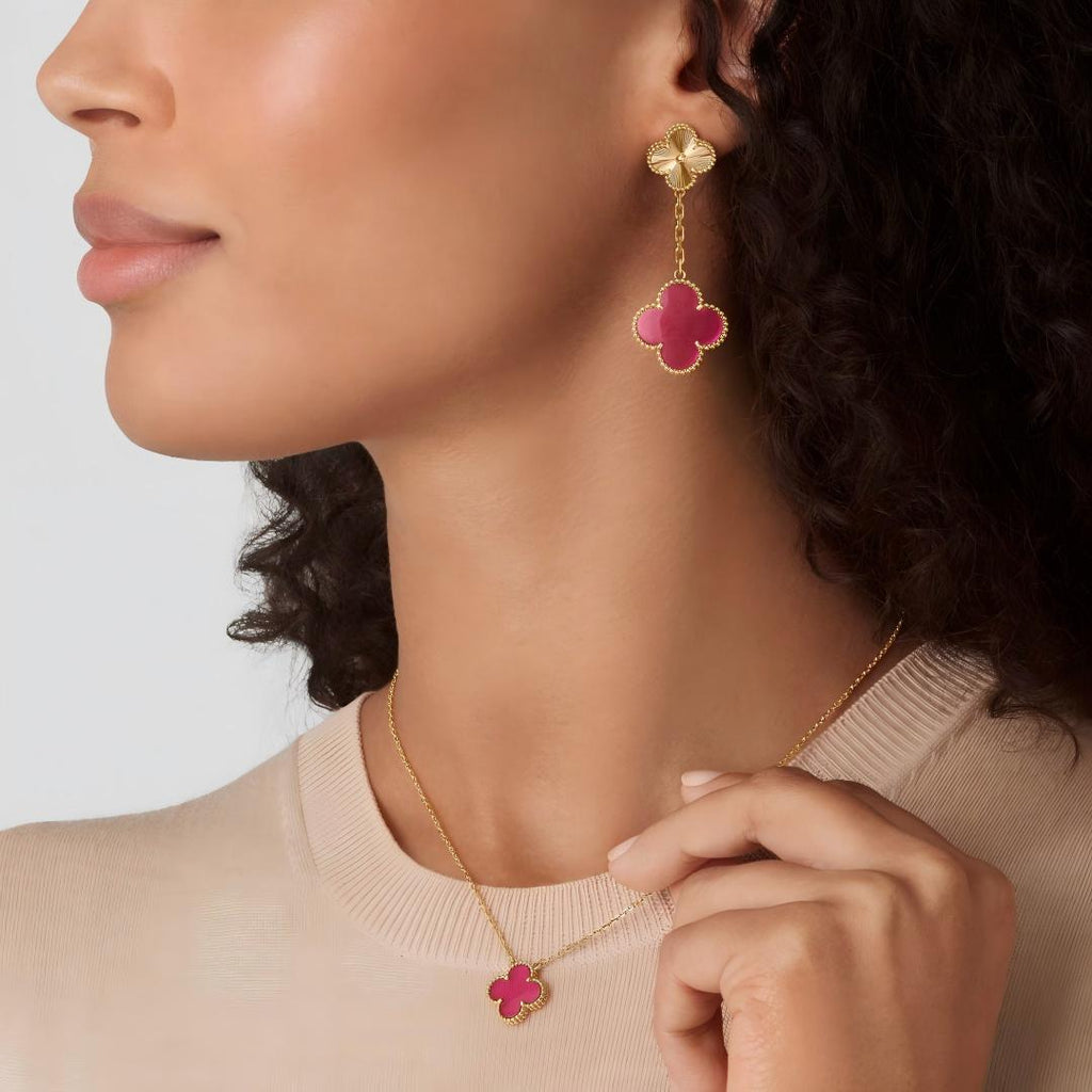 [LUXE]Clover Pink Enamel Necklace & Earring Jewelry Set