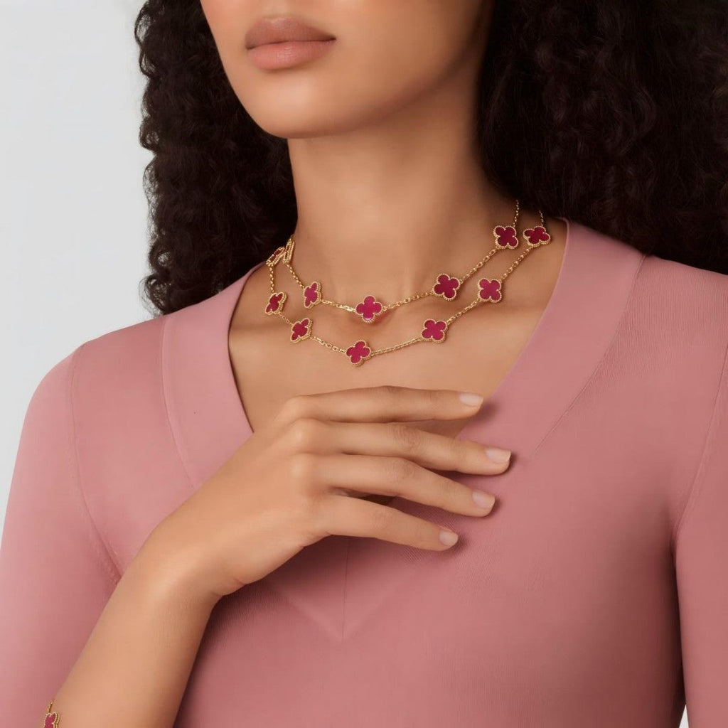 [LUXE]Clover Pink Enamel Necklace & Earring Jewelry Set