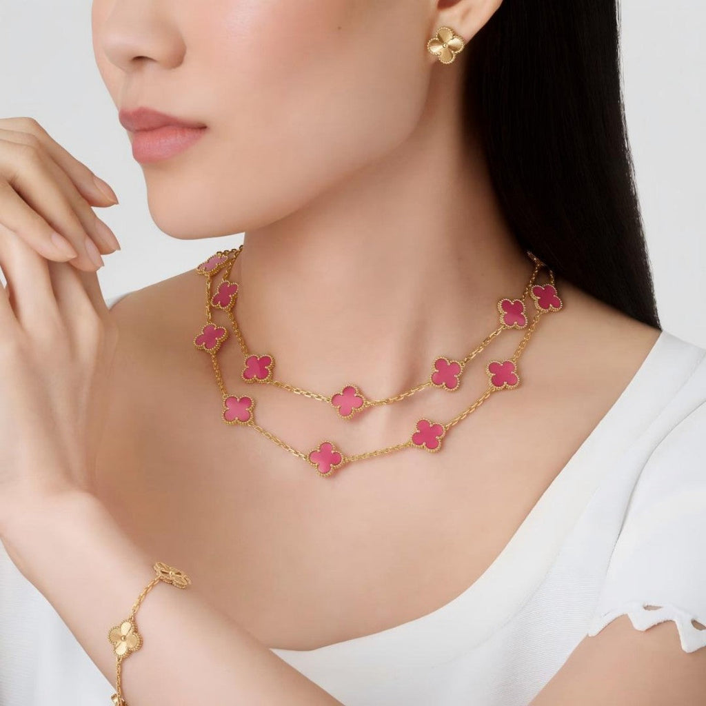 [LUXE]Clover Pink Enamel Necklace & Earring Jewelry Set