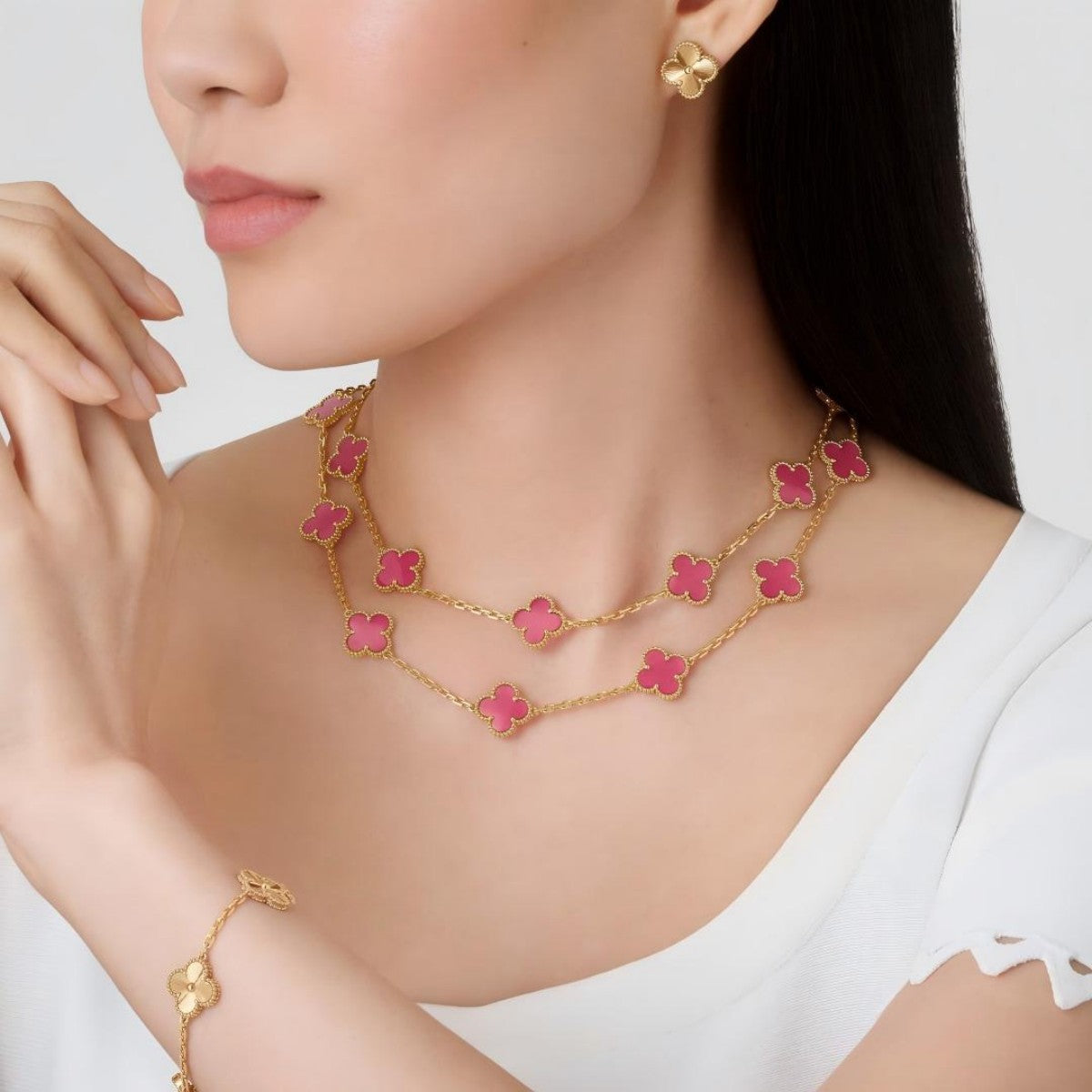 [LUXE]Clover Pink Enamel Necklace & Earring Jewelry Set