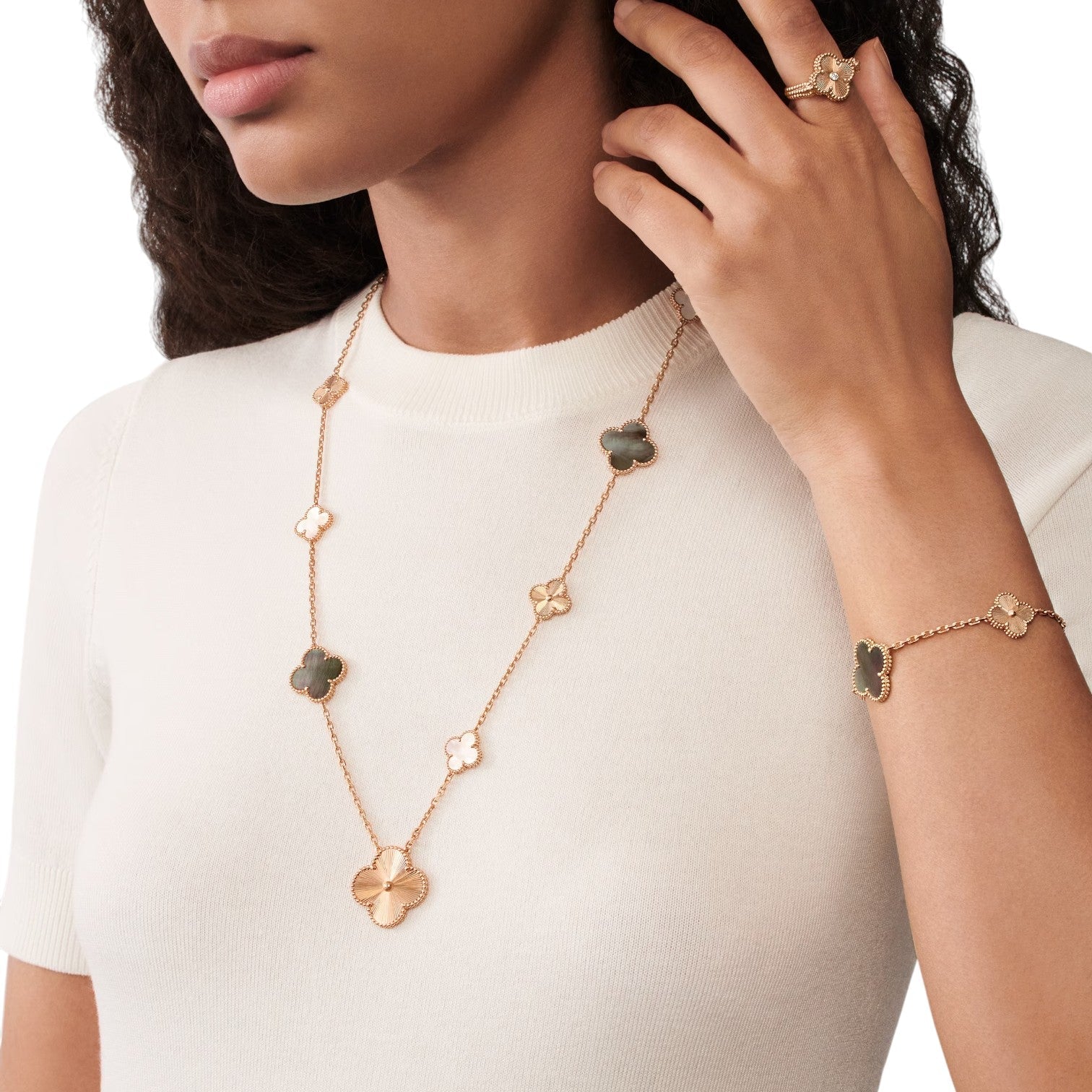 [Luxe]DETACHABLE CLOVER 15(11+4) FLOWER ROSE GOLD NECKLACE SET