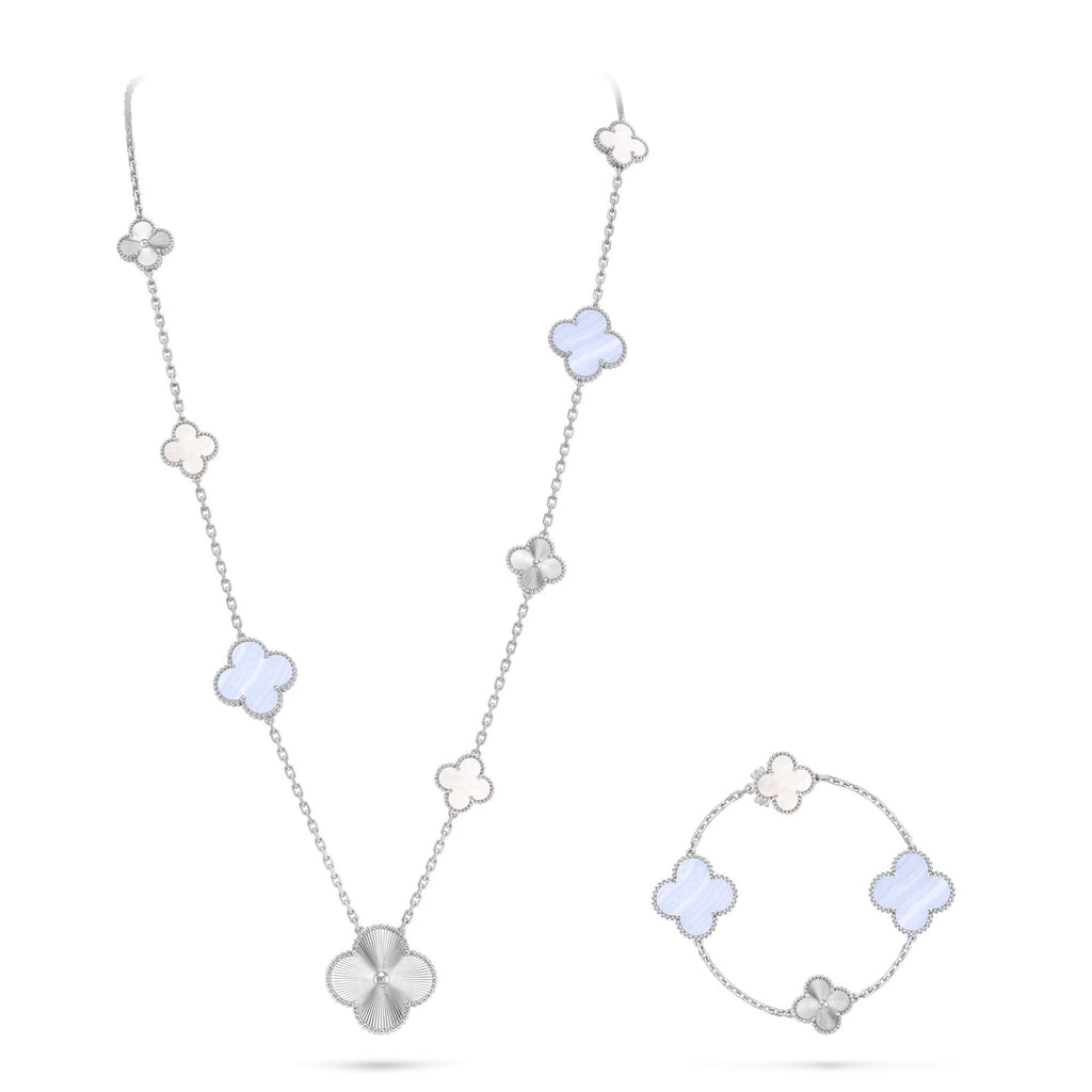 [Luxe]DETACHABLE CLOVER 15(11+4) FLOWER SILVER NECKLACE SET