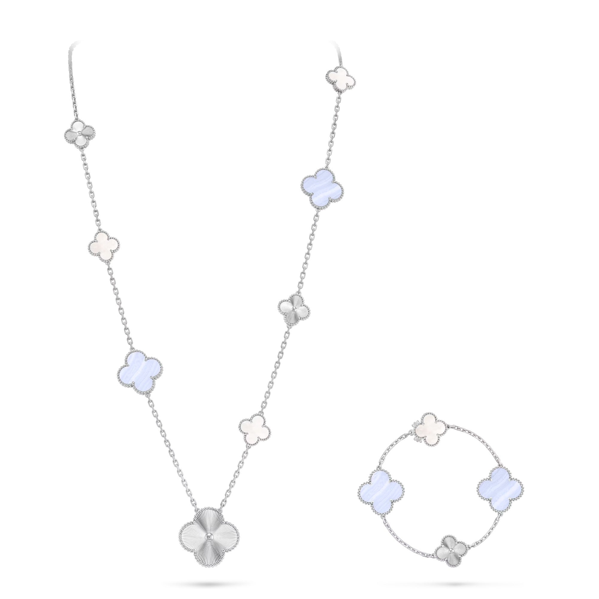 [Luxe]DETACHABLE CLOVER 15(11+4) FLOWER SILVER NECKLACE SET